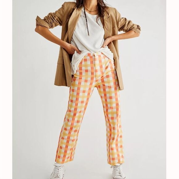 NWT Free People Women’s She's All That Plaid Crop High Waist Pants in Multi Comb - Picture 1 of 16